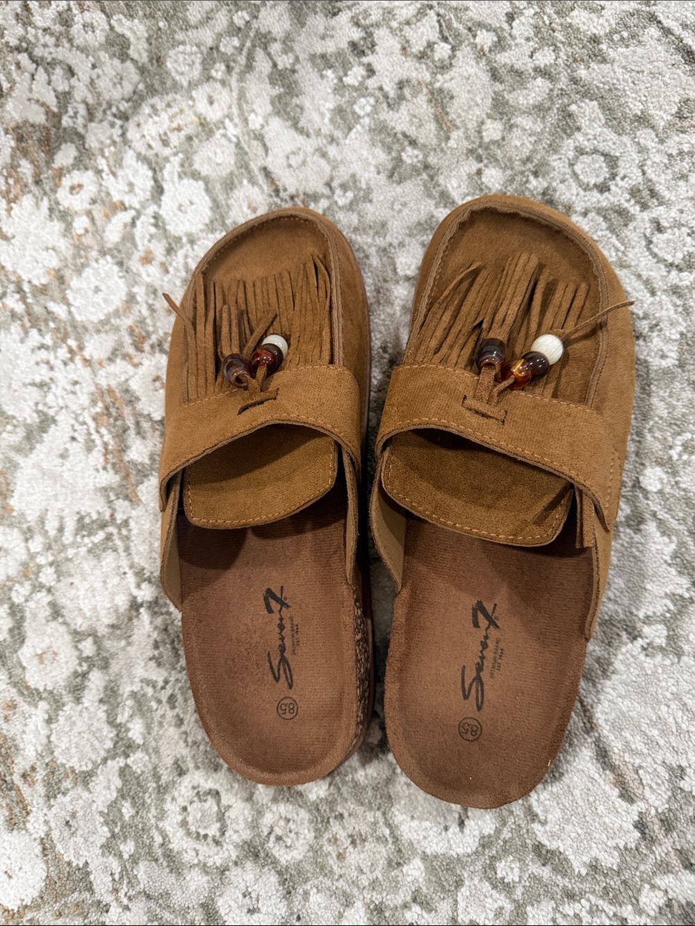 Woman’s Brown Suede Fringe Moccasin Slides with Bead Accents